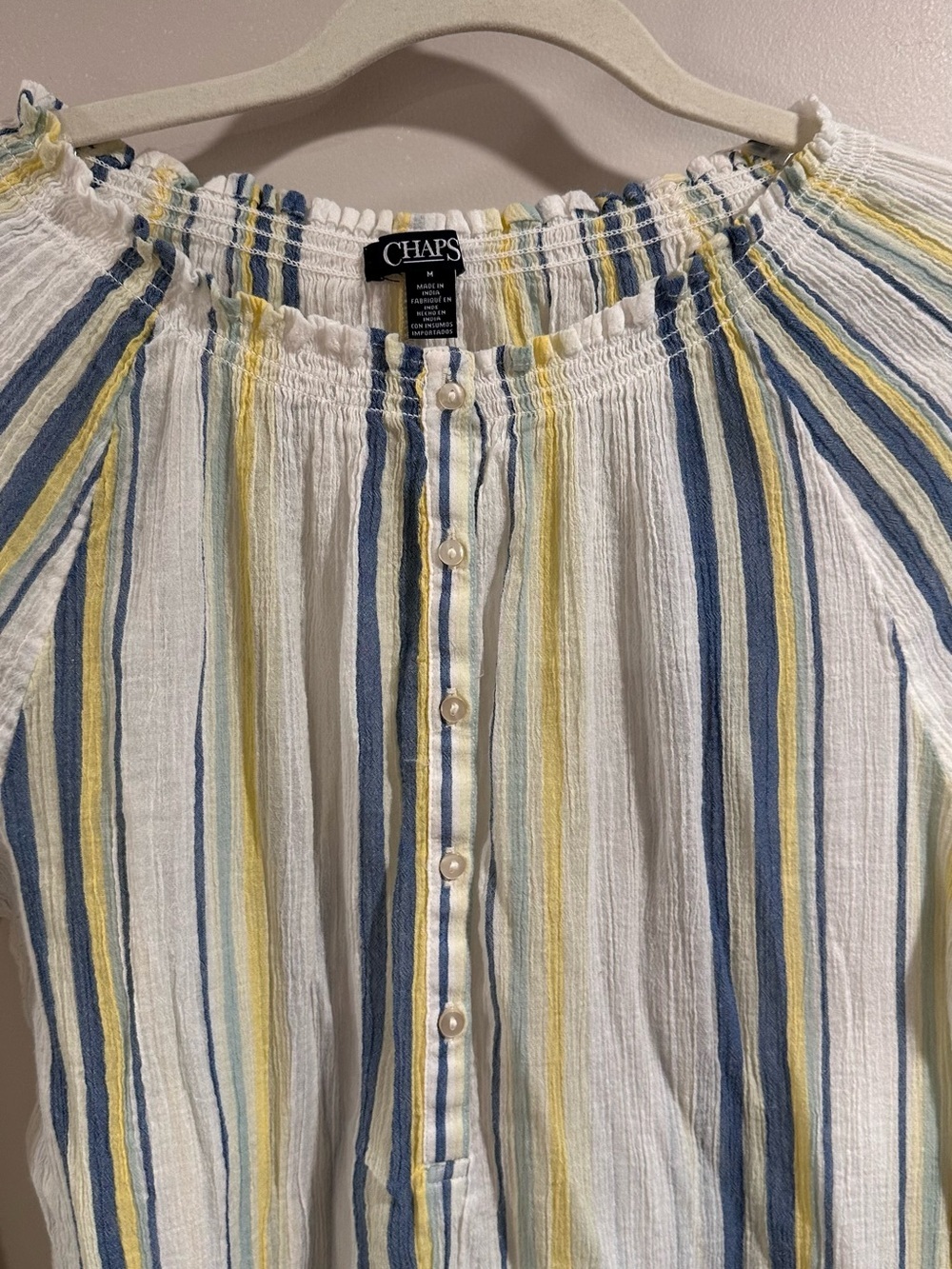 Chaps Women's Blue & Yellow Striped Lulu Peasant Stretchy Blouse Top Size Medium - Picture 6 of 15